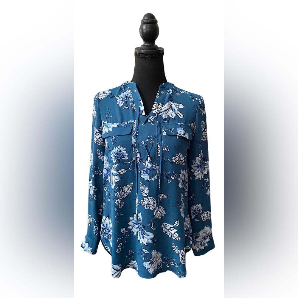 A. N. A: Blue Floral Blue Long Sleeve Blouse